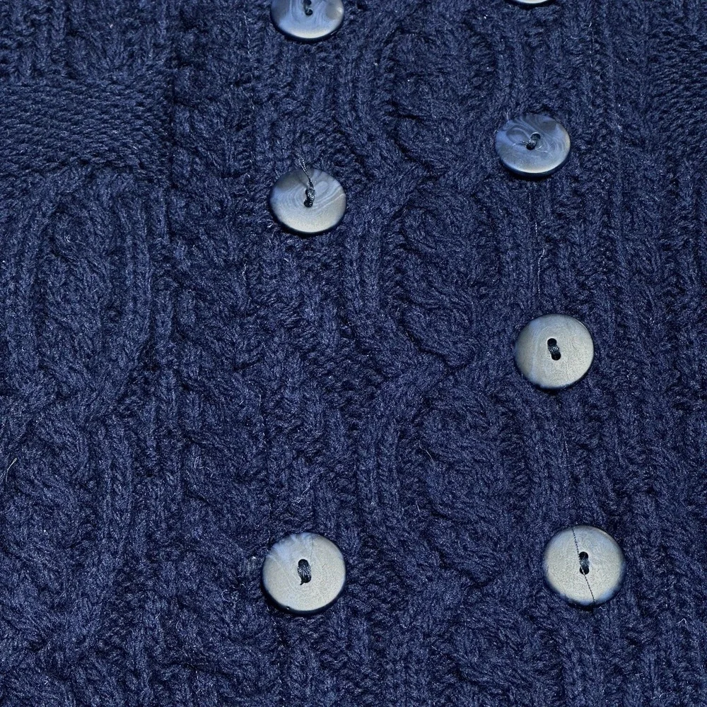 Aran Crafts Cable Knit Merino Wool Cardigan Womens XS Navy Double Breasted Shawl - Picture 2 of 13